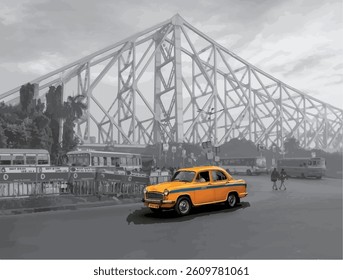 Kolkata yellow taxi. kolkata city with front view of an yellow color taxi.illustration of Taxi vector design