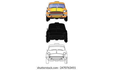 Kolkata yellow taxi. front view of an Indian yellow color taxi, line art and silhouette