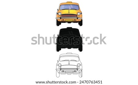 Kolkata yellow taxi. front view of an Indian yellow color taxi, line art and silhouette