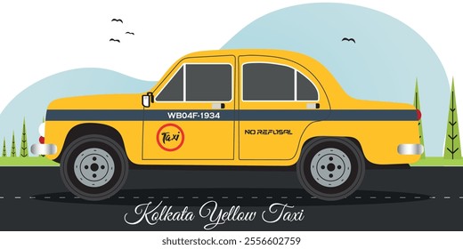 Kolkata yellow taxi. Side view of an Indian yellow color taxi,All layers are single for any coustomization Eps 10 ,vector Illustration . 
