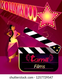 Kollywood-Tamil Cinema, Production Of Motion Pictures In The Tamil Language.Cinema Girl Color Background.Cinematography  Poster.