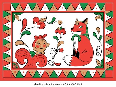 Kolobok slavic fairy-tale illustration in a permogor painting style. Russian traditional ornamental stylization