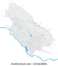 Kolomyia, Ivano-Frankivsk Oblast, Ukraine high resolution vector map with city boundaries and outlined paths. White additional outlines for main roads. Many detailes. Blue shapes and lines for water.