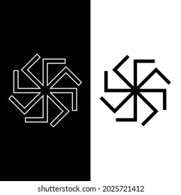 Kolovrat symbol icon. Solar Slavic symbol. Kolowrot with eight rays. Isolated icon in black with white outline. Esoteric, sacred geometry. Vector illustration on white and black background