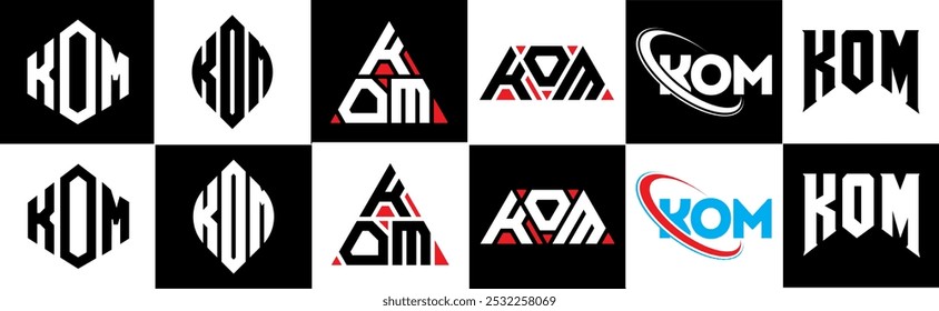 KOM letter logo design in six style. KOM polygon, circle, triangle, hexagon, flat and simple style with black and white color variation letter logo set in one artboard. KOM minimalist and classic logo