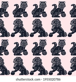 Komainu dog, ancient Asian statue seamless pattern vector illustration. Guardian lion texture design. Historical symbol background. 