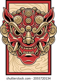 Komainu illustration with japanese style drawing 