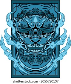 Komainu illustration with japanese style drawing 