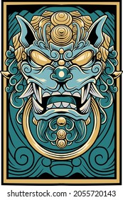 Komainu illustration with japanese style drawing 