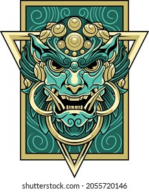 Komainu illustration with japanese style drawing 