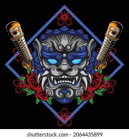 Komainu illustration with japanese style drawing