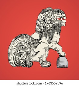 Perro león Komainu en blanco y negro sobre fondo rojo. Perro guardián asiático. Ilustración de diseño gráfico de dibujos vectoriales de línea