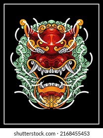 Komainu, Mythical Dog and Lion T-Shirt Illustration Design Japanese Style. Samurai Deer Japanese Illustration Vector Isolated. Suitable for T-Shirt Design, Poster, Logo, and Wallpaper.