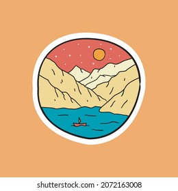 Komani lake view wild line badge patch pin graphic illustration vector art t-shirt design