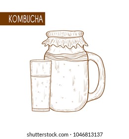 Kombucha. Bank and a glass. On a white background. Sketch. Monophonic