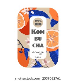 Kombucha bottle label with orange illustrations, promoting organic product, vibrant and fresh design concept