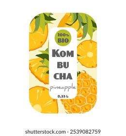 Etiqueta de la botella de Kombucha con las ilustraciones de la piña, promoviendo el producto orgánico, concepto vibrante y fresco del diseño