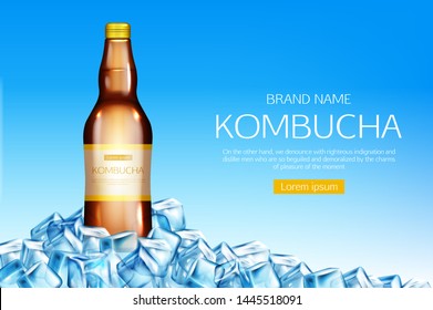 Kombucha bottle on ice cubes heap mockup banner. Fermented tea drink made of mushroom, healthy beverage glass flask mock up on blue background, advertising ad banner. Realistic 3d vector illustration