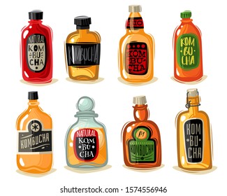 Kombucha Bottles Bar Set. Cartoon Style, Glass, Labels, Container, Packaging, Drink. Vector Illustration