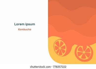 kombucha in a can of orangery, red, yellow, white, dark, vector flat illustration, layers of paper, silhouette, banner with text, orange and lemon in a jar