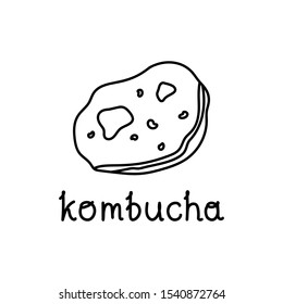 Kombucha doodle vector icon. Hand drawn contour illustration of chinese tea mushroom. Symbol of fermented antioxidant tea. Outline emblem for vegan drinks