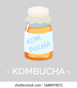 Kombucha bebe para el sistema digestivo y el sistema inmunológico de los humanos. Frasco aislado con té y hongo, bebida casera con champiñones. Líquido lleno de bacterias positivas y microorganismos vectoriales