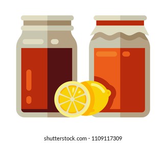 kombucha fermented in jar with lemon in flat style vector illustration