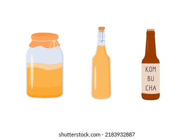 Kombucha fermented probiotic homemade drink. Tea mushroom brewing in mason jar. Glass bottle with healthy tea fungus drink. Flat vector illustrations isolated on white background.