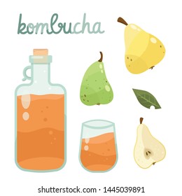 Kombucha fermented probiotic homemade tea vector illustration. mushroom, glass jar with kombucha tea. Super food, healthy cocktail. Isolated on white background flat style icon.