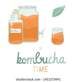 Kombucha fermented probiotic homemade tea vector illustration. mushroom, glass jar with kombucha tea. Super food, healthy cocktail. Isolated on white background flat style icon.