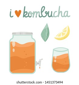 Kombucha fermented probiotic homemade tea vector illustration. mushroom, glass jar with kombucha tea. Super food, healthy cocktail. Isolated on white background flat style icon.