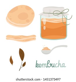 Kombucha fermented probiotic homemade tea vector illustration. mushroom, glass jar with kombucha tea. Super food, healthy cocktail. Isolated on white background flat style icon.