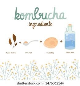 Kombucha fermented probiotic homemade tea vector illustration. mushroom, glass jar with kombucha tea. Super food, healthy cocktail. Isolated on white background flat style icon.