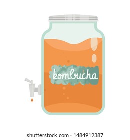 Kombucha fermented probiotic homemade tea vector illustration. mushroom, glass jar with kombucha tea. Super food, healthy cocktail. Isolated on white background flat style icon.