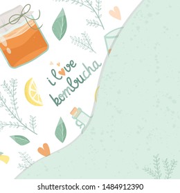 Kombucha fermented probiotic homemade tea vector illustration. mushroom, glass jar with kombucha tea. Super food, healthy cocktail. Isolated on white background flat style icon.