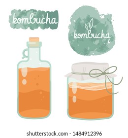 Kombucha fermented probiotic homemade tea vector illustration. mushroom, glass jar with kombucha tea. Super food, healthy cocktail. Isolated on white background flat style icon.