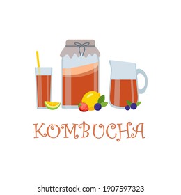 Kombucha fermented probiotic homemade tea. Mushroom, glass jar, glass jug, tall glass with kombucha tea.  Super food, healthy cocktail. The KOMBUCHA inscription. Vector illustration