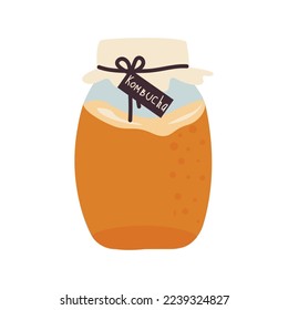 Kombucha fermentó la ilustración portadora de té casero probiótico. champiñón, frasco de vidrio con té kombucha. Súper comida, cóctel saludable. Icono de estilo plano de fondo blanco aislado.