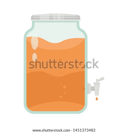 Kombucha fermented probiotic homemade tea vector illustration. mushroom, glass jar with kombucha tea. Super food, healthy cocktail. Isolated on white background flat style icon.