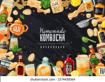 Kombucha fermented probiotic tea horizontal frame illustration. Chalk lettering slate hipster style. Ingredients for drink. Vector background