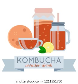 Kombucha fermented probiotic tea vector isolated illustration.  Kombucha wonder drink vector set flat style. Mason jar, mug, cup and scoby. Isolated on white background flat style emblem.