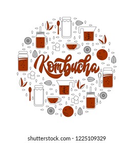Kombucha fermented probiotic tea vector isolated illustration.  Kombucha wonder drink vector set flat style. Mason jar, mug, cup and scoby. Isolated on white background flat style emblem.