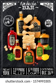Kombucha fermented probiotic tea vertical bar poster. Vector illustration. Craft homemade drinks tea. Mold fungus. Drink in a bottle. Wide range
