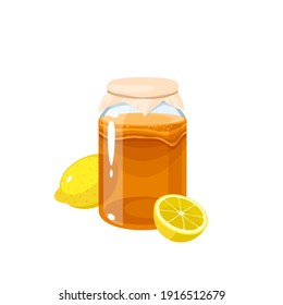 Kombucha fermented tea in glass jar with lemon. Vector illustration flat cartoon icon isolated on white background.