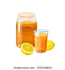 Kombucha fermentó té en frasco de vidrio con limón. Icono de dibujo gráfico plano de ilustración vectorial aislado en fondo blanco.