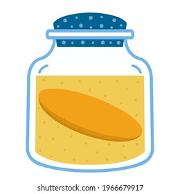 Kombucha fermented tea in a glass jar. Probiotic-infused sweet orange drink, vector illustration. Isolated icon on white background. Useful mushroom, colored doodle.