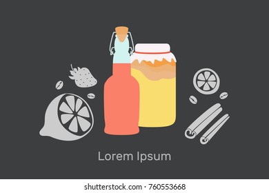 kombucha, flat vector illustration, bottle with a cork and a jar with a rag and elastic band