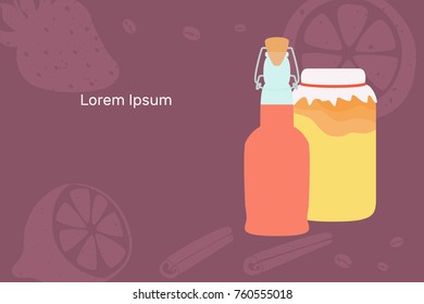 kombucha, flat vector illustration, bottle with cork and a jar with a rag and elastic band