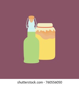 kombucha, flat vector illustration, bottle with cork, jar with rag and rubber band