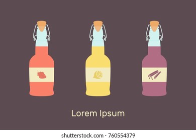 kombucha, flat vector illustration, three bottles with cork